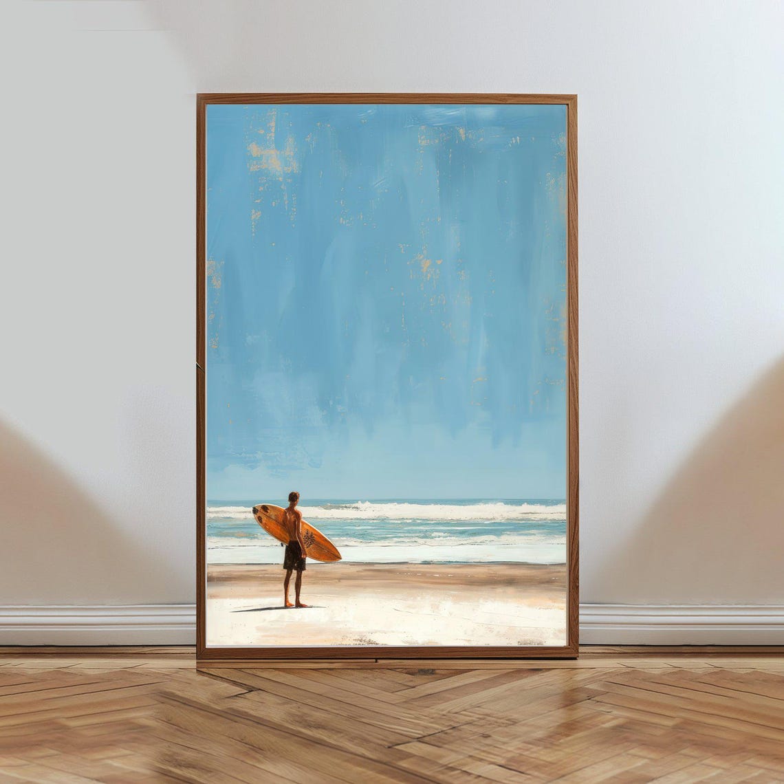 Lone Surfer Holding Board On Beach Under Big Blue Sky Art Poster