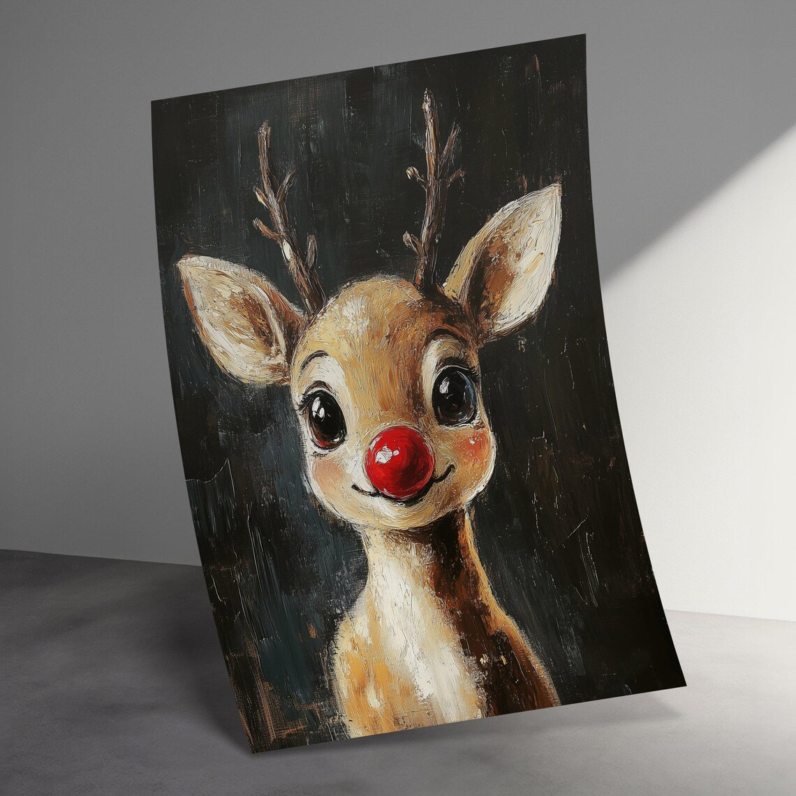 Cute Red Nosed Reindeer Baby Deer Oil Painting Christmas Poster - Image 3