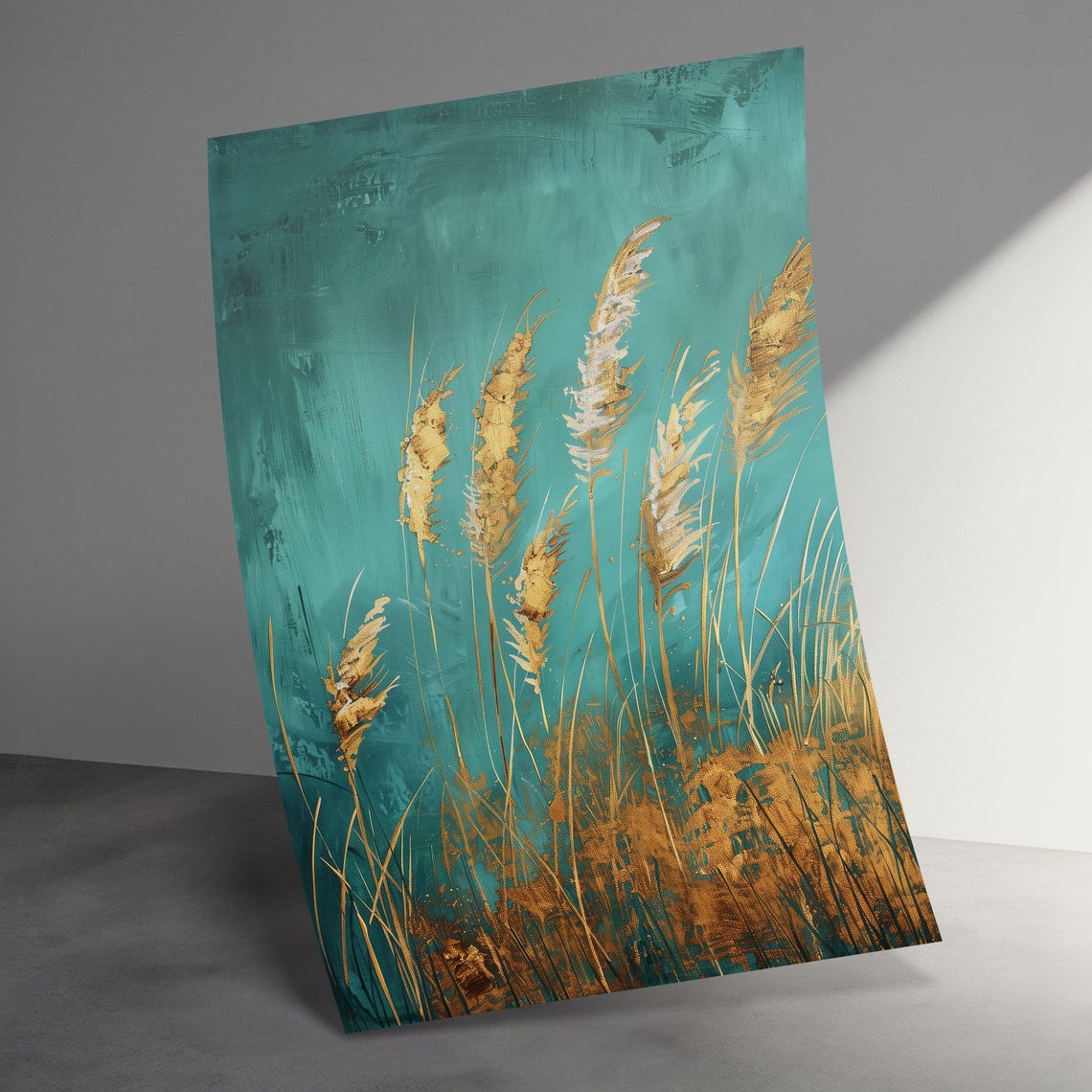 Gold Wheat Stalks Teal Background Modern Abstract Botanical Poster - Image 3