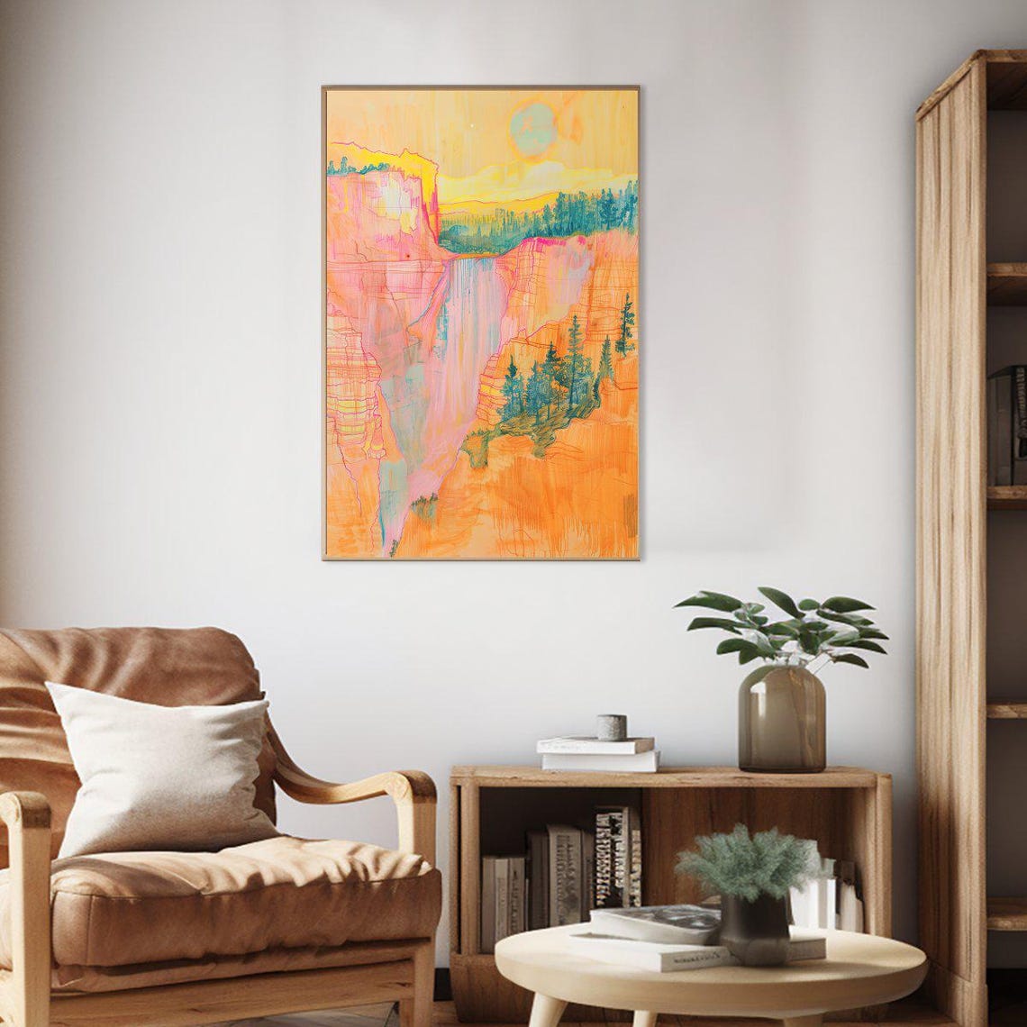 Pastel Peach Canyon Waterfall Soft Line Art Landscape Poster - Image 2