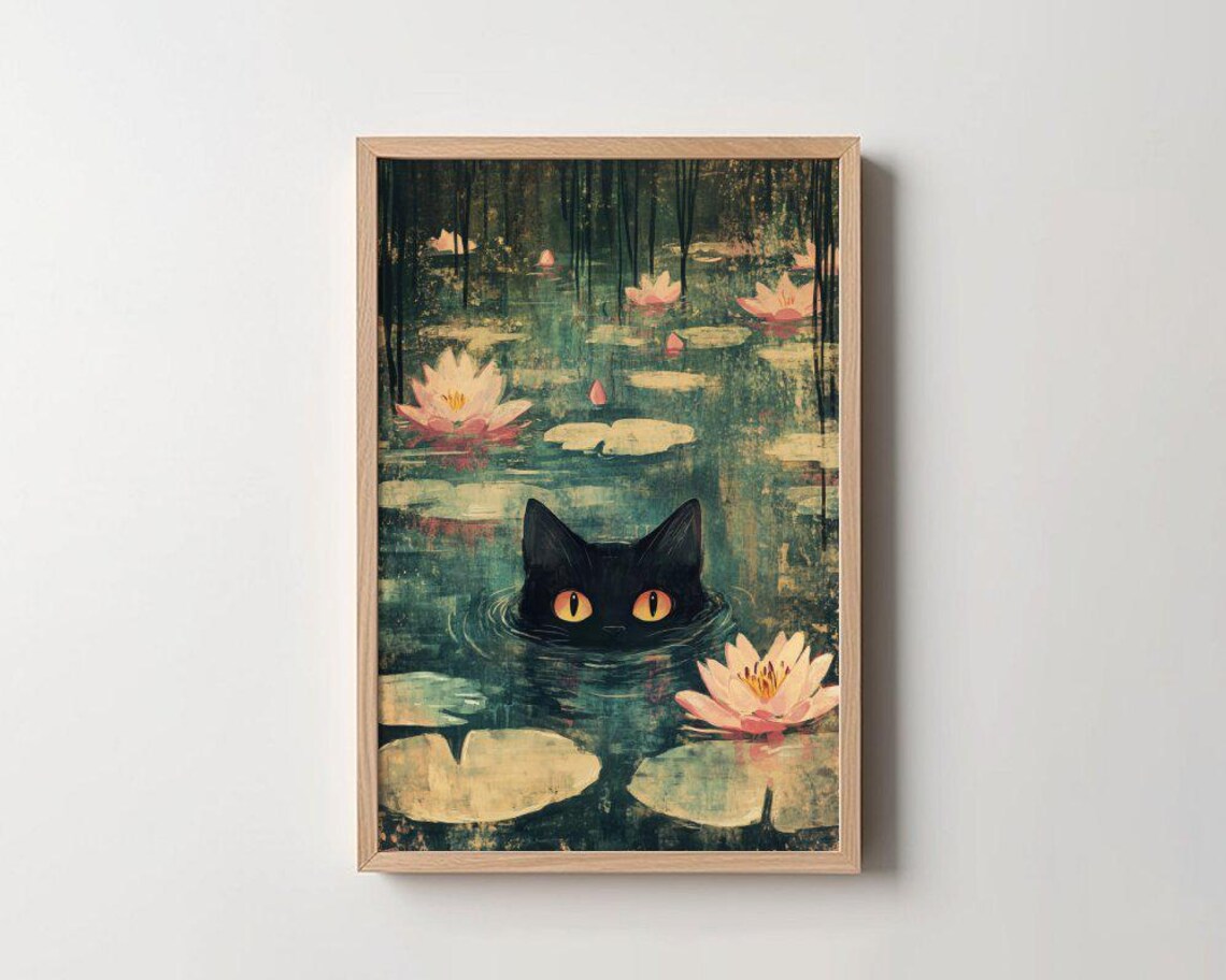 Black Cat Night Pond Water Lily Whimsical Amber Eyes Moon Poster