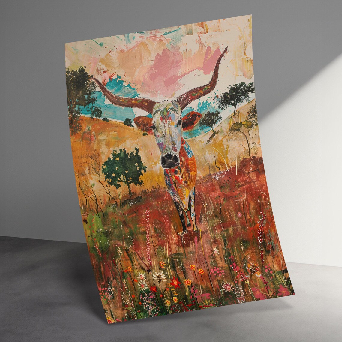 Abstract Floral Texas Longhorn Bull Meadow Oil Painting Poster - Image 3