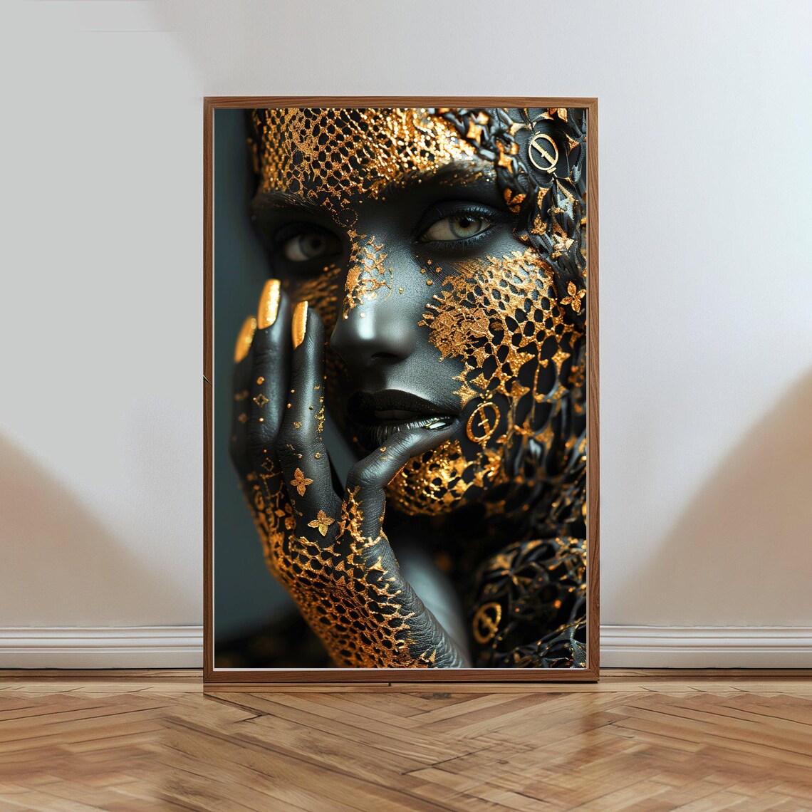 Dark Luxurious Black And Gold Lace Mask Beauty Portrait Poster