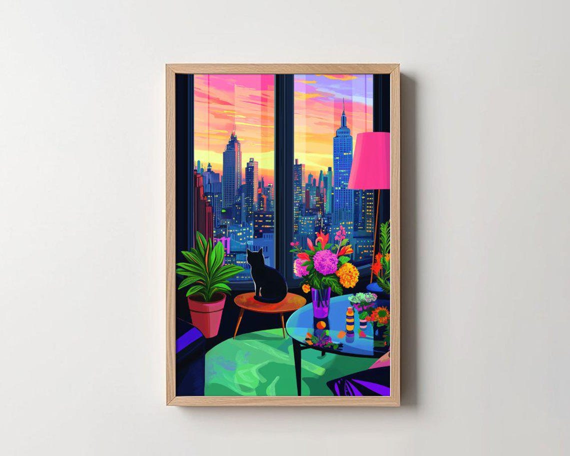 Neon Black Cat Apartment Window Vibrant New York Sunset Poster