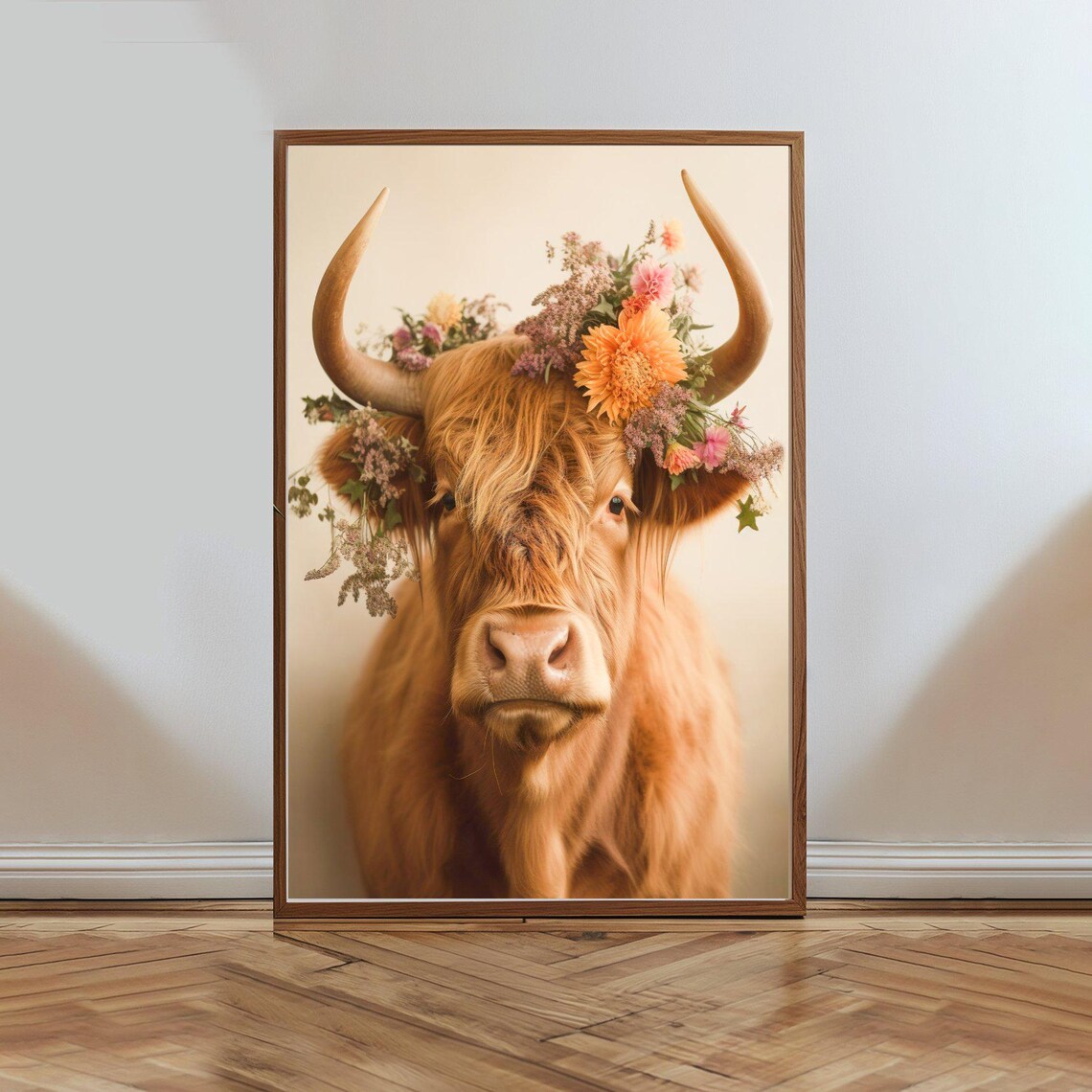 Highland Cow Flower Crown Cute Scottish Farm Animal Portrait Poster