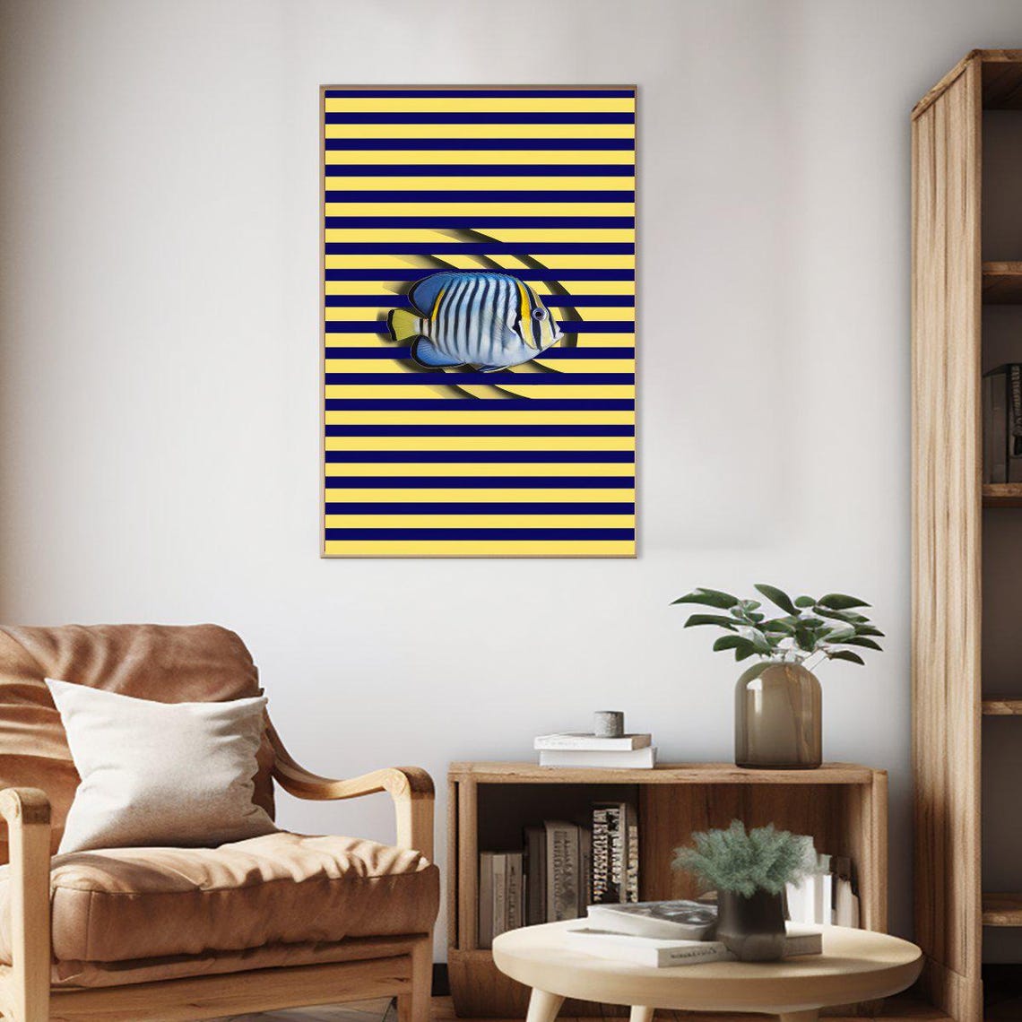 Striped Angelfish On Bold Yellow Navy Optical Art Graphic Poster - Image 2