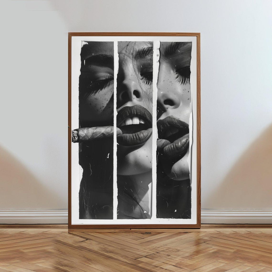 Vintage Glamour Woman Smoking Cigar Torn Paper Triptych Poster