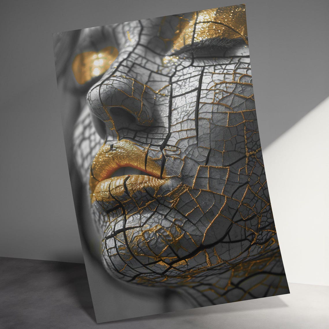 Bold Cracked Golden Kintsugi Beauty Portrait Luxe Black Art Poster - Image 3