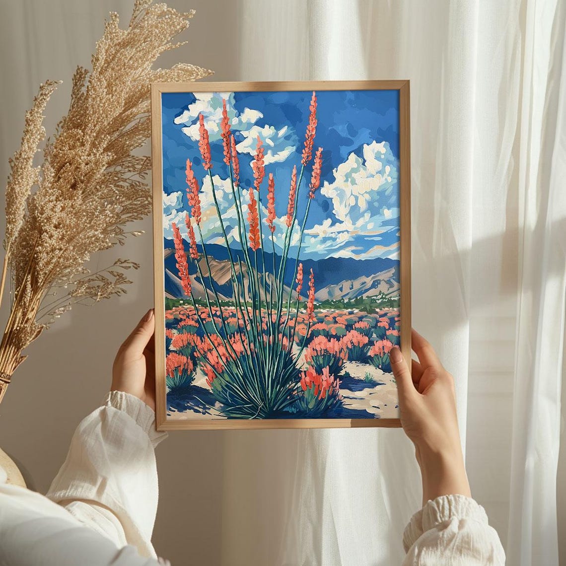 Bright Desert Blossoms Ocotillo Blooms Blue Sky Mountain Poster - Image 3