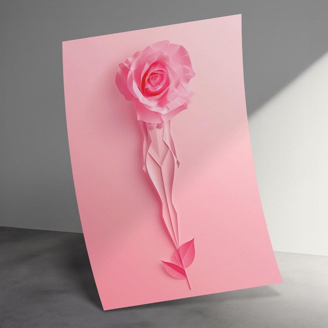 Elegant Pink Paper Rose With Woman Silhouette Minimal Floral Poster - Image 3