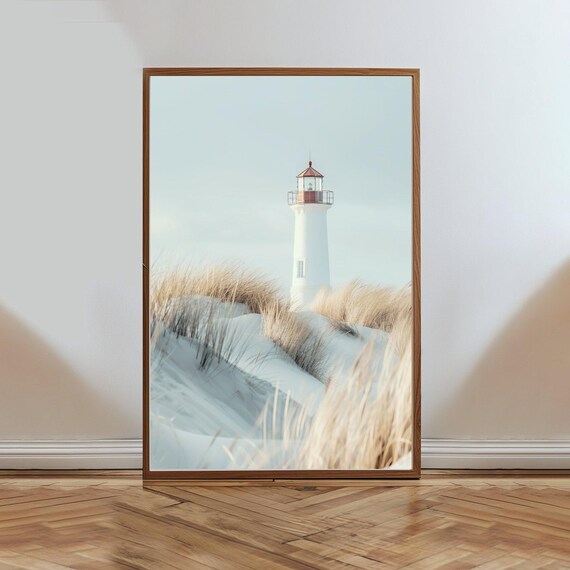 White Lighthouse On Sandy Dunes Serene Coastal Seaside Poster