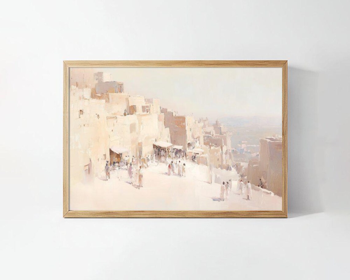 Sunlit Old Town Street Whitewashed Buildings Watercolor Art Poster