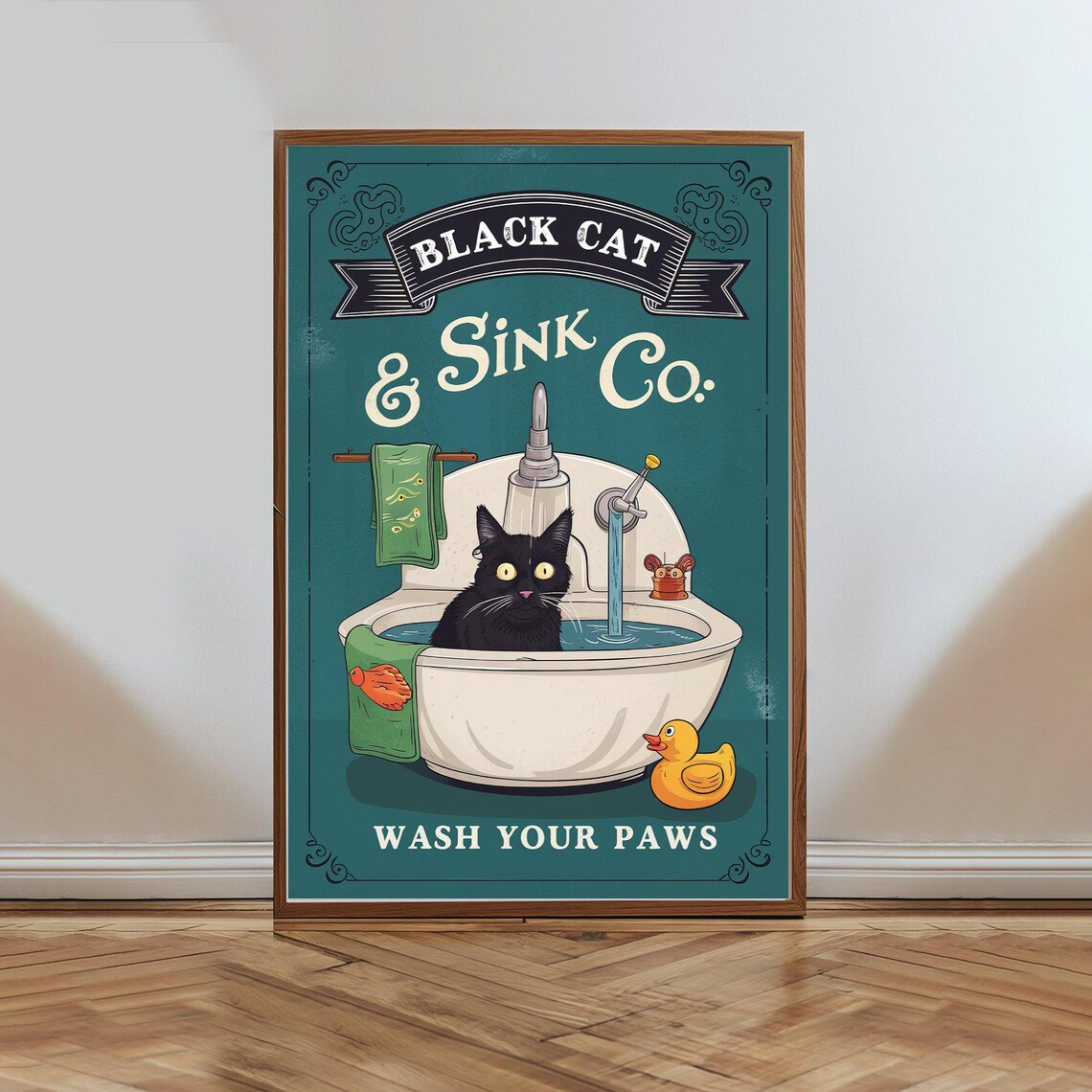 Black Cat Sink Co Wash Your Paws Funny Vintage Bathroom Sign Poster