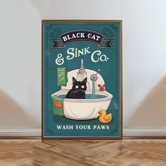 Black Cat Sink Co Wash Your Paws Funny Vintage Bathroom Sign Poster