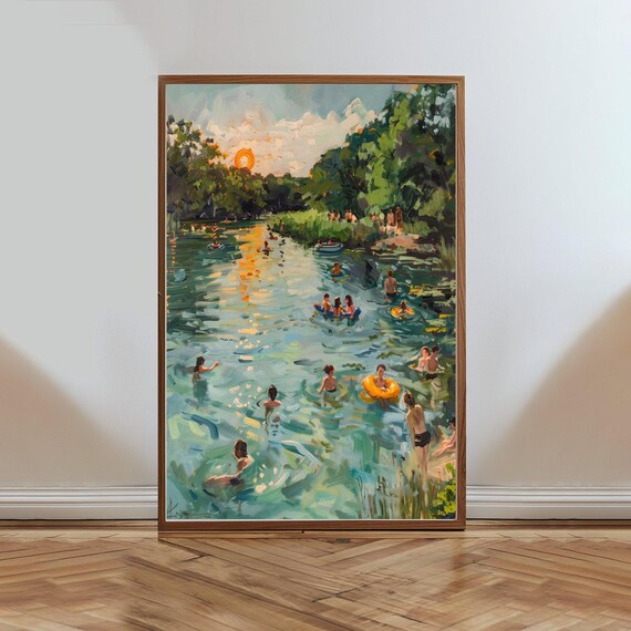 Summer River Swimming Hole Sunset Impressionist Oil Art Poster