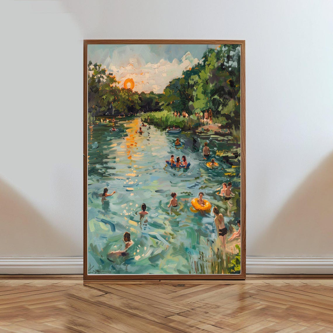 Summer River Swimming Hole Sunset Impressionist Oil Art Poster