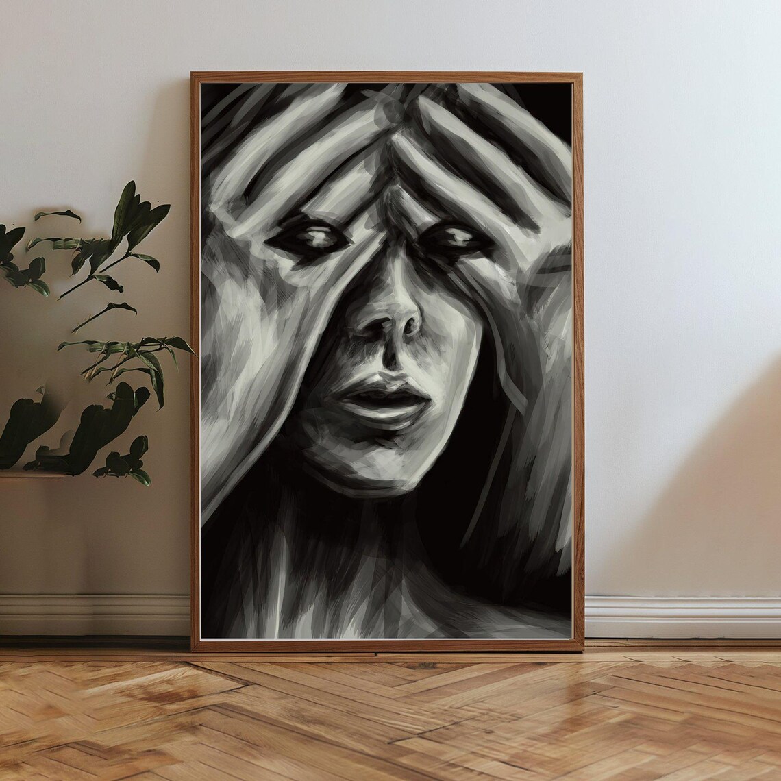 Monochrome Hands Portrait Abstract Emotional Charcoal Art Poster