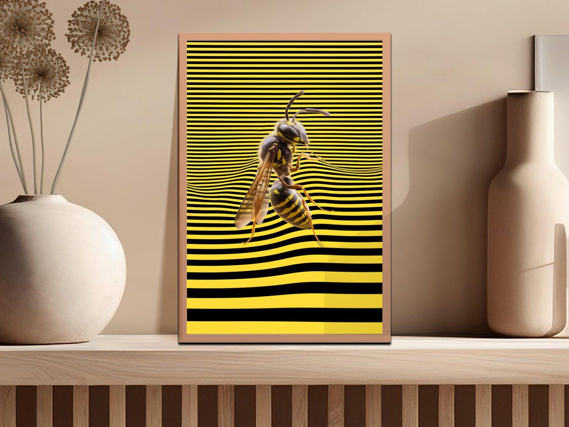 Bold Bee on Stripes Optical Illusion Yellow Black Pop Art Poster - Image 2