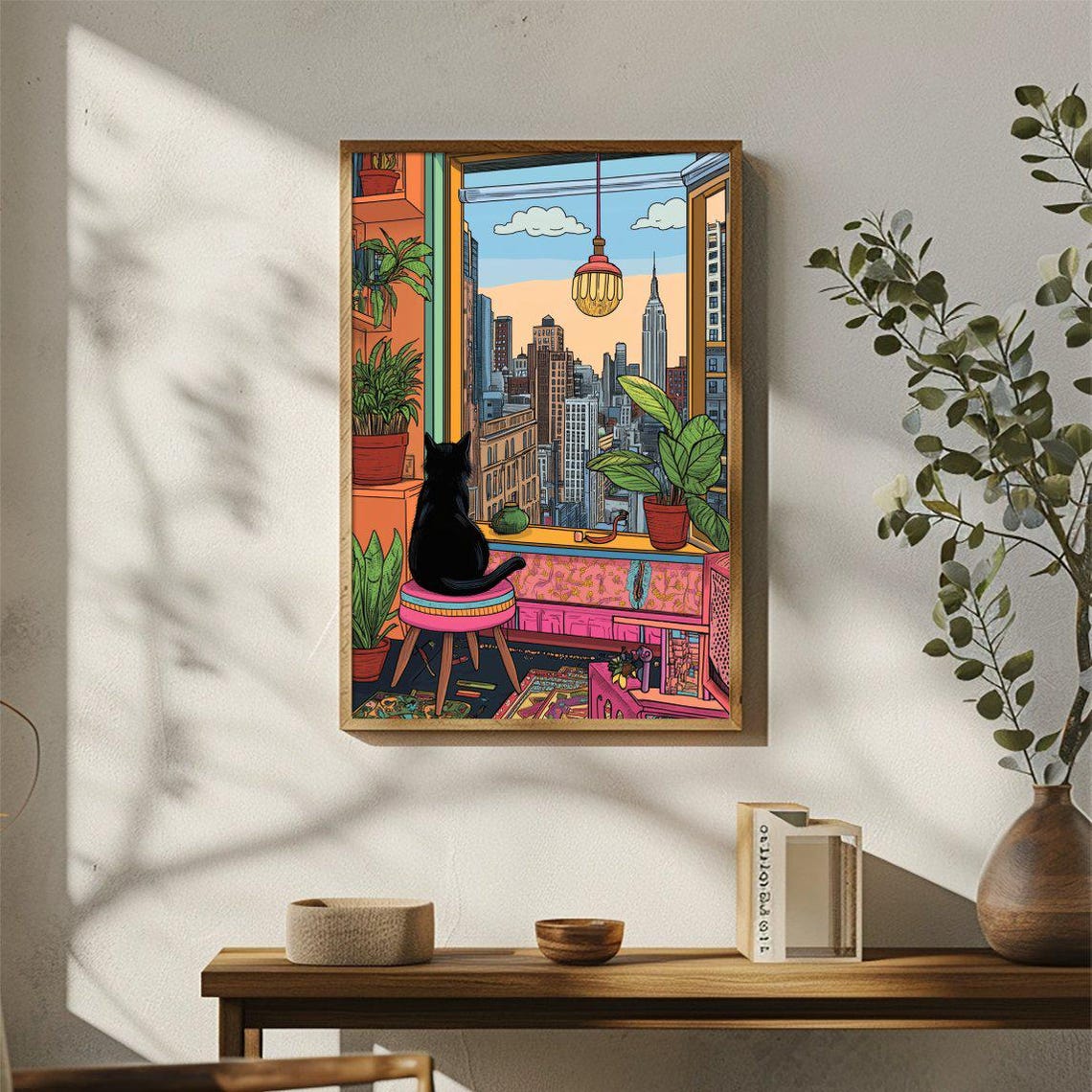 Colorful Comic Style Black Cat at Open Window City View Poster - Image 3