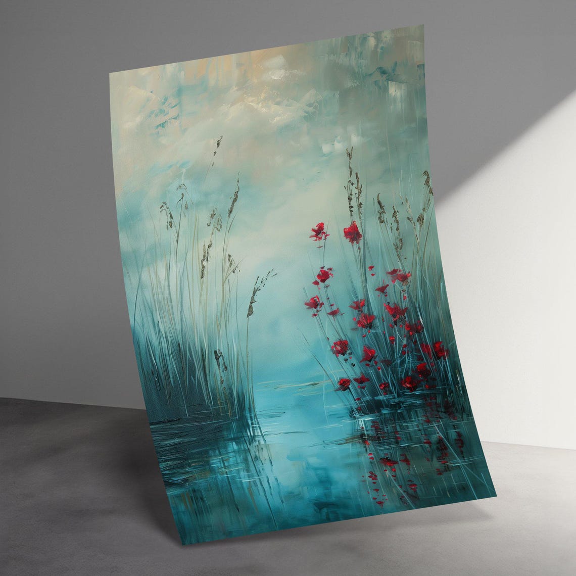 Misty Teal Lake Red Wildflowers Serene Impressionist Water Poster - Image 3