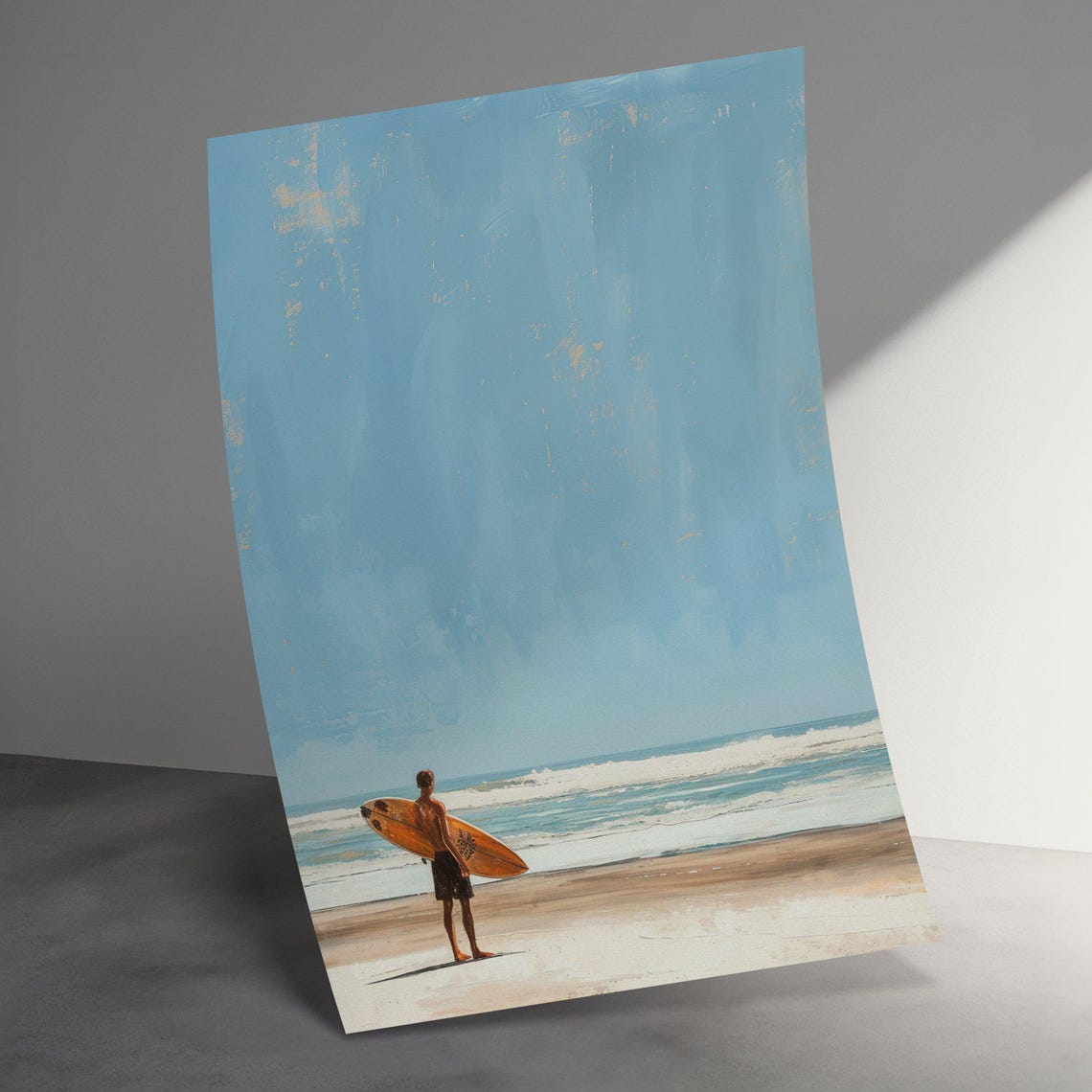 Lone Surfer Holding Board On Beach Under Big Blue Sky Art Poster - Image 3