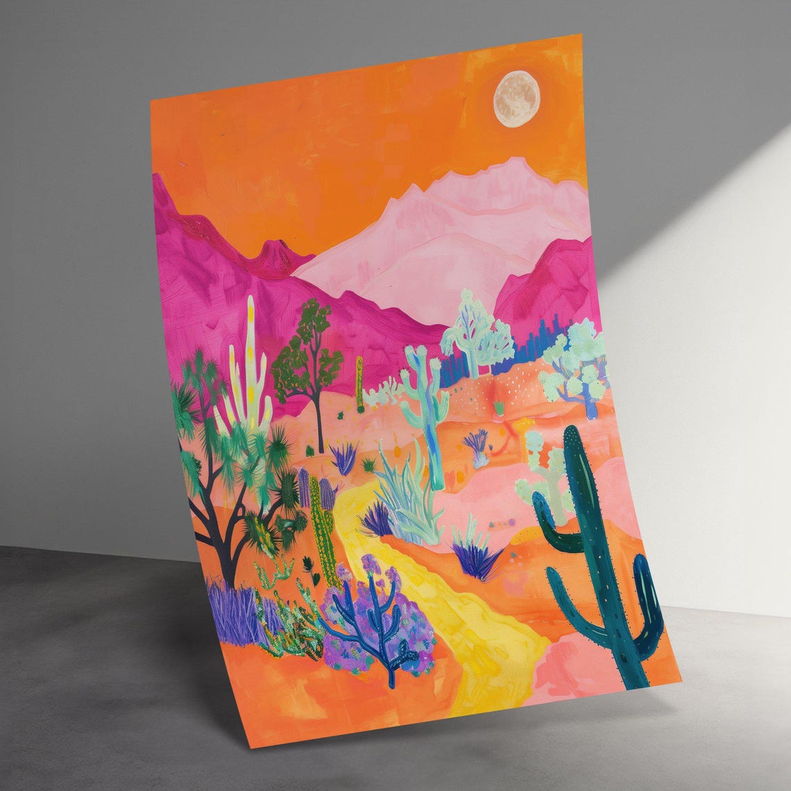 Vivid Orange Sky Desert Mountains Joshua Tree Cactus Art Poster - Image 3