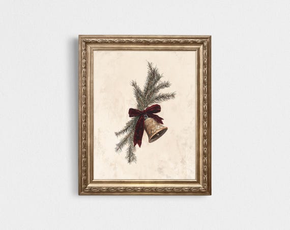 Christmas Bell Print With Pine Ribbon Bow, Vintage Holiday Art