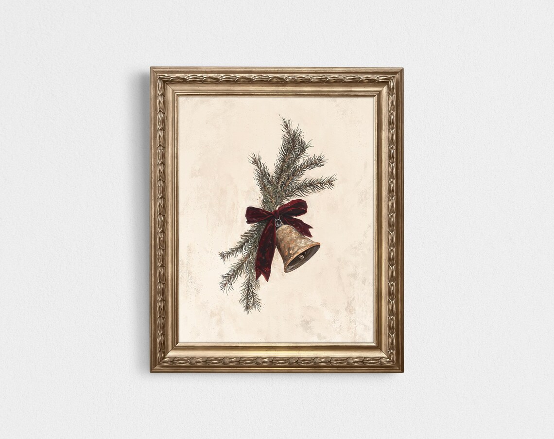 Christmas Bell Print With Pine Ribbon Bow, Vintage Holiday Art