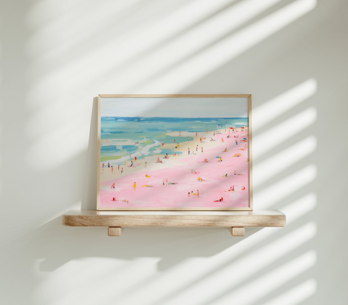 Pink Beach Crowd Turquoise Ocean Summer Vacation Painting Wall Art - Image 4