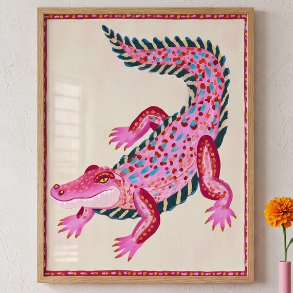 Playful Pink Spotted Alligator Folk Art Maximalist Decor Print