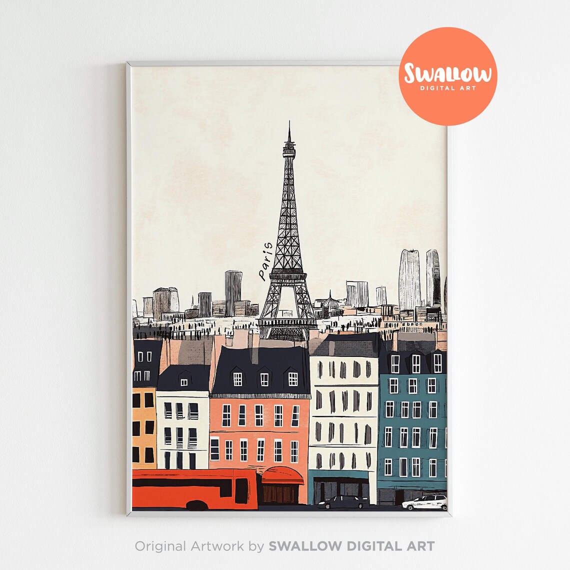 Paris Eiffel Tower Sketch Red Bus Handwritten City Illustration Poster - Image 2