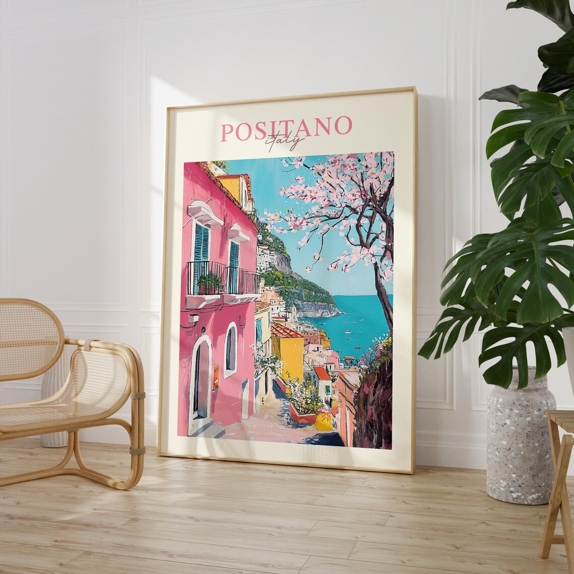 Positano Italy Pink Houses Cherry Blossom Coast Travel Poster - Image 3