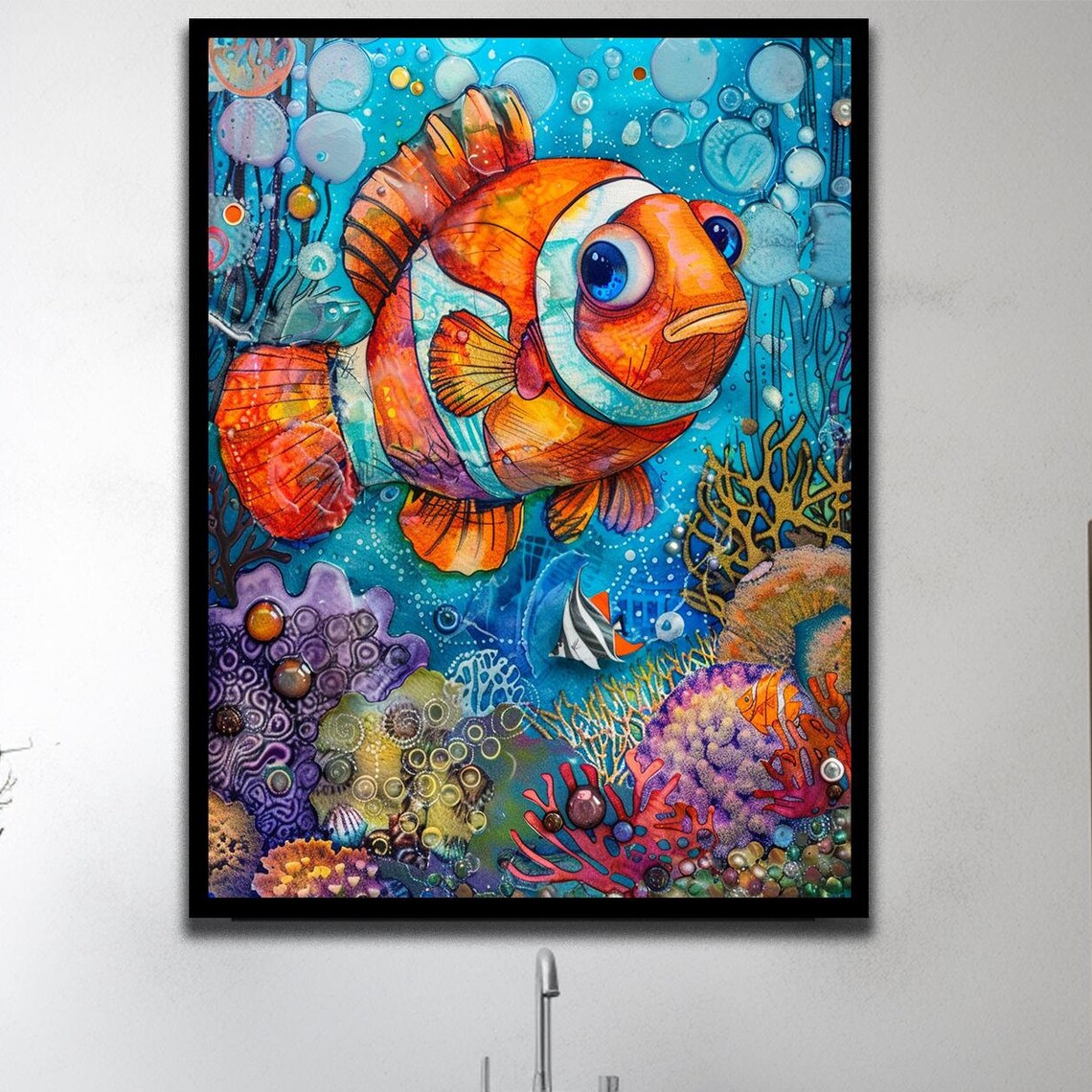 Cute Clownfish Coral Reef Cartoon Underwater Scene Art Print
