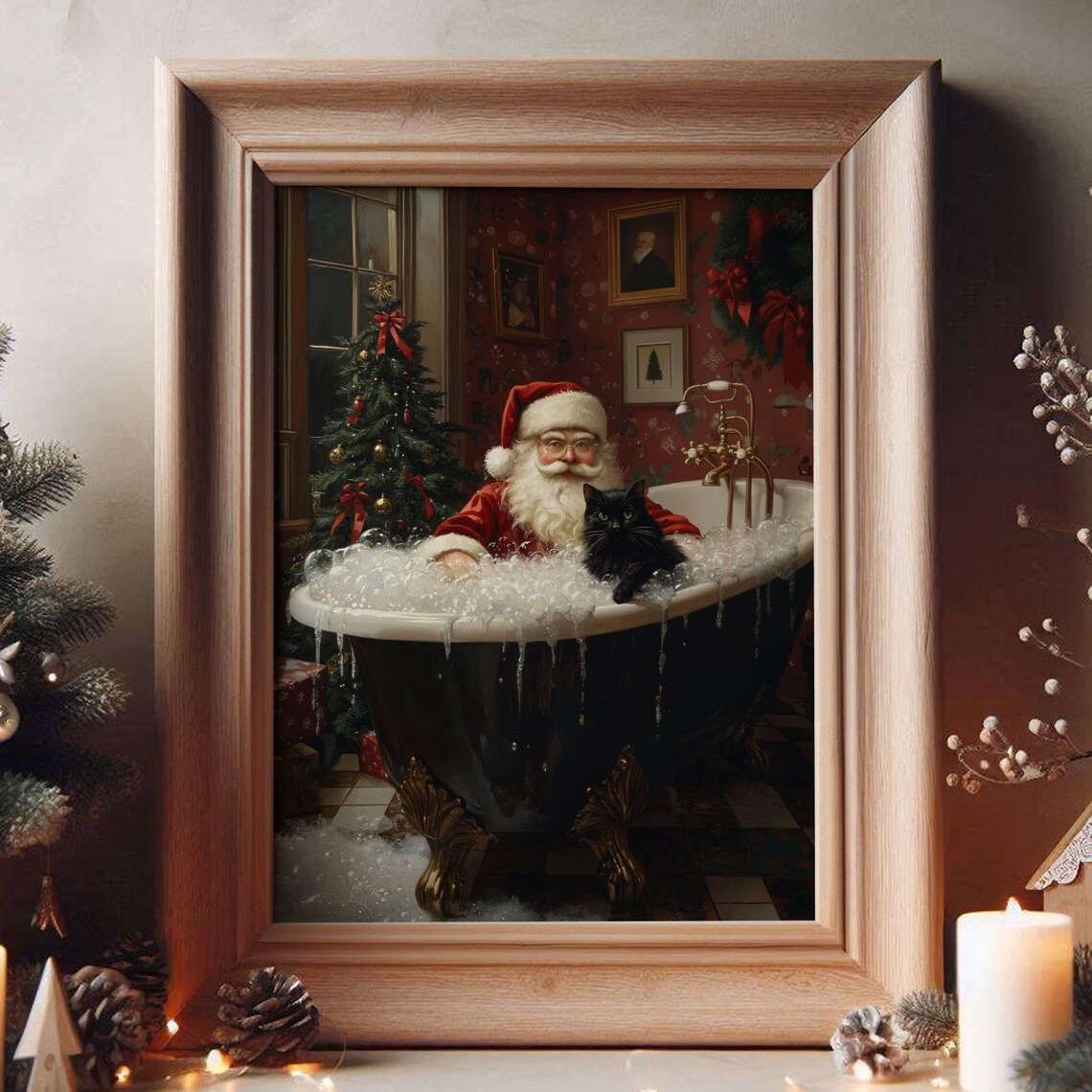 Santa Claus in a Bubble Bath With a Black Cat Christmas Poster