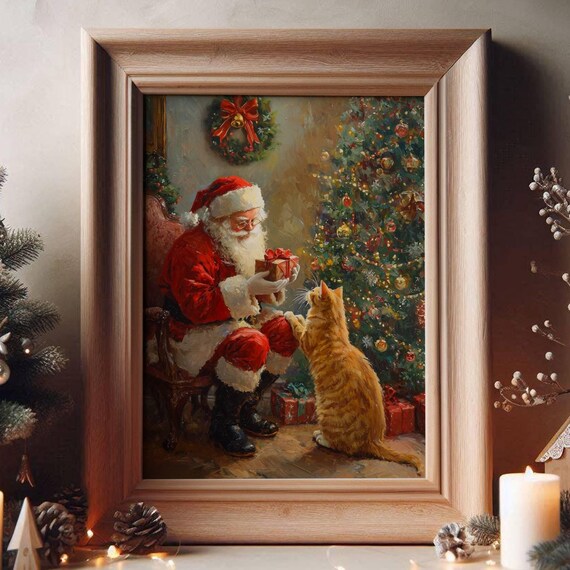 Ginger Tabby Cat And Santa Claus Christmas Poster