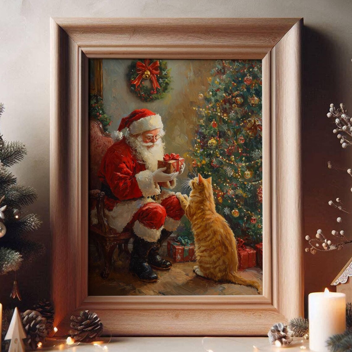 Ginger Tabby Cat And Santa Claus Christmas Poster