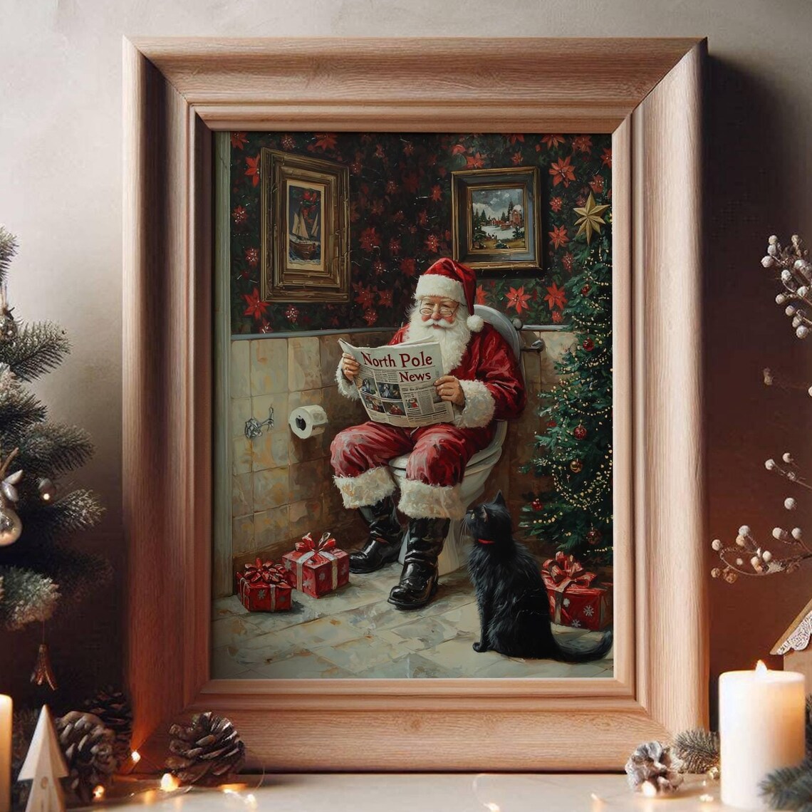 Santa Claus and Black Cat Bathroom Christmas Poster