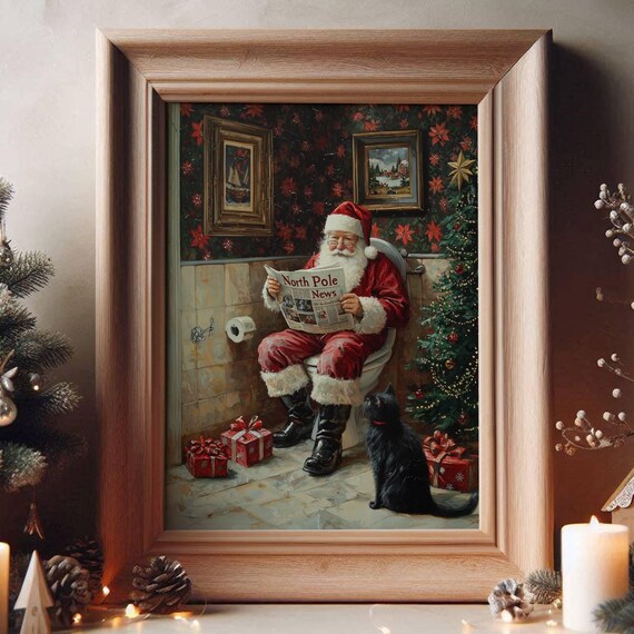 Santa Claus and Black Cat Bathroom Christmas Poster