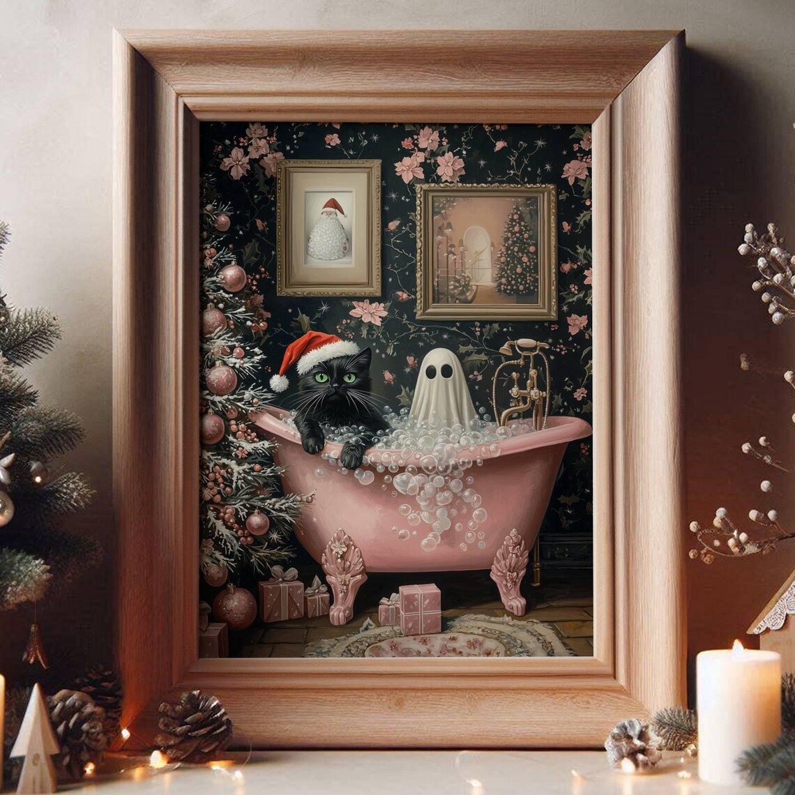 Ghost And Cat Pink Christmas Poster, Spooky Cute