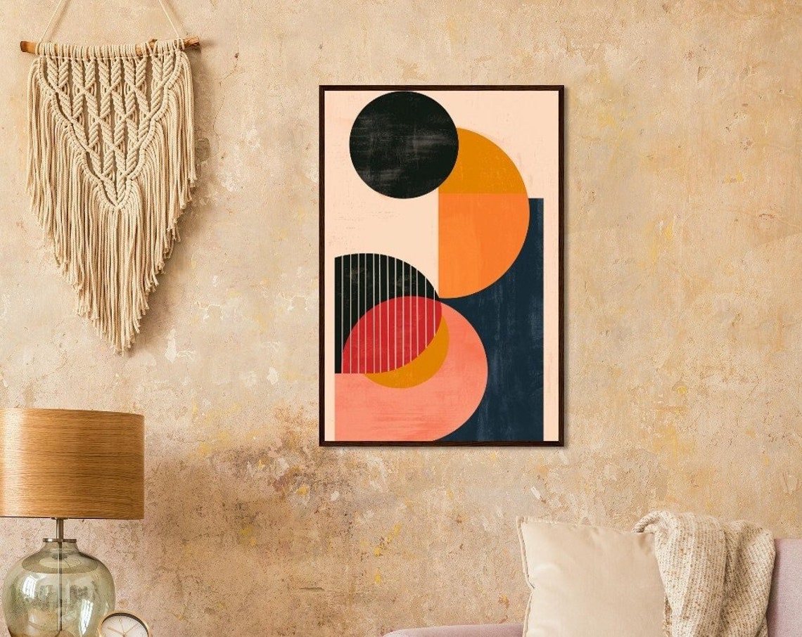 Mid Century Geometric Circles Abstract Navy Orange Coral Modern Poster
