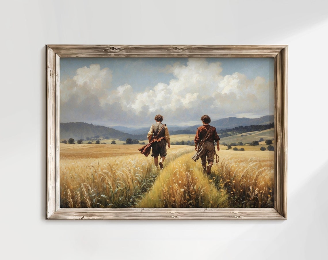 Frodo and Sam Leaving the Shire Golden Wheat Field Fantasy Poster