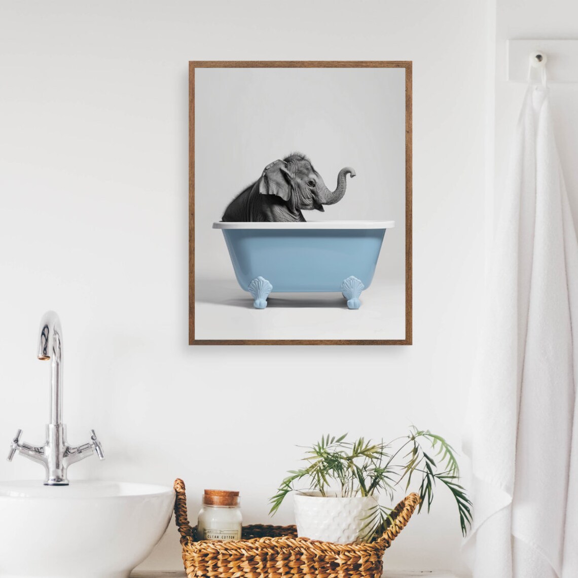 Elephant In Blue Bathtub Print Funny Bathroom Wall Art