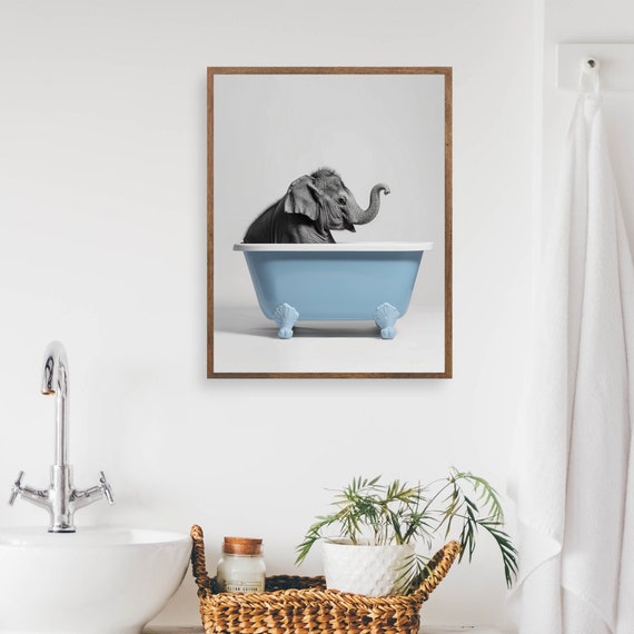 Elephant In Blue Bathtub Print Funny Bathroom Wall Art