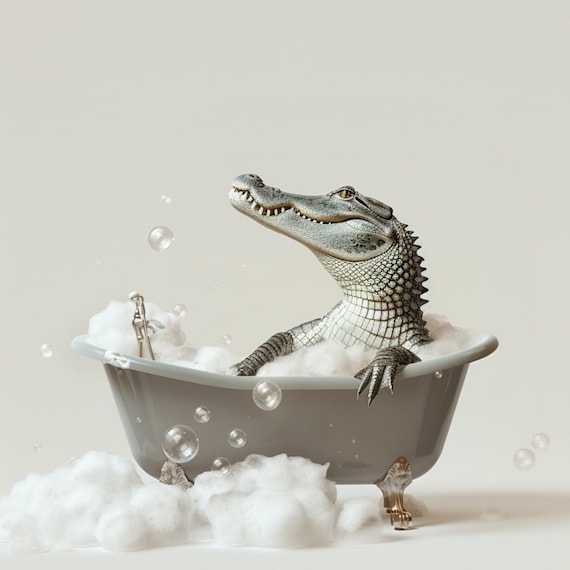Alligator In Bubble Bath Clawfoot Tub Funny Bathroom Animal Poster