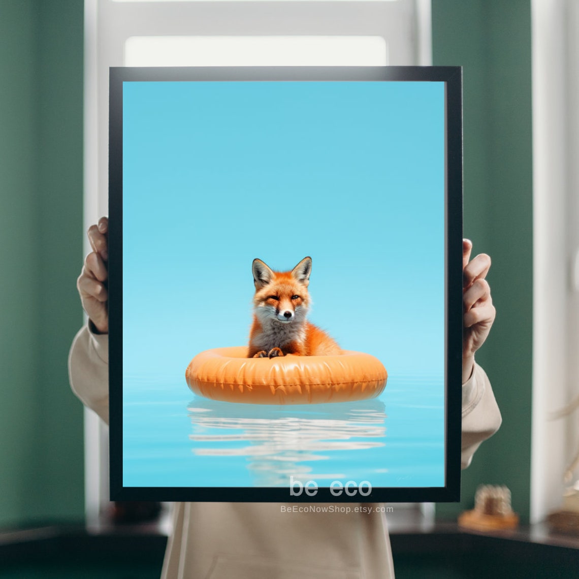 Fox On Orange Pool Float Blue Water Summer Funny Animal Poster