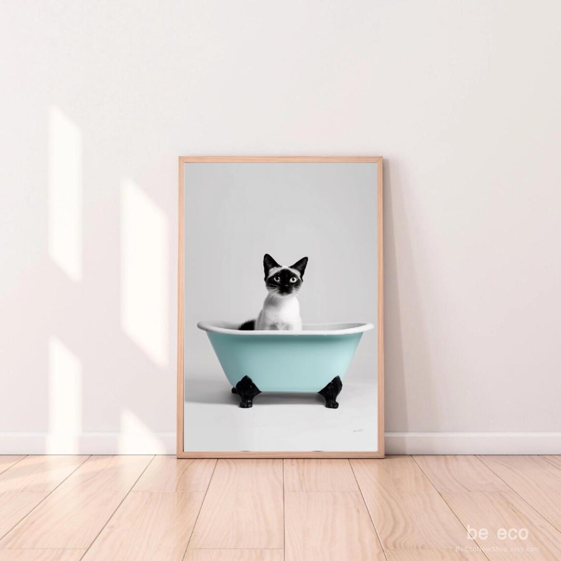 Siamese Cat Sitting in a Mint Bathtub Cute Black White Bathroom Animal Print