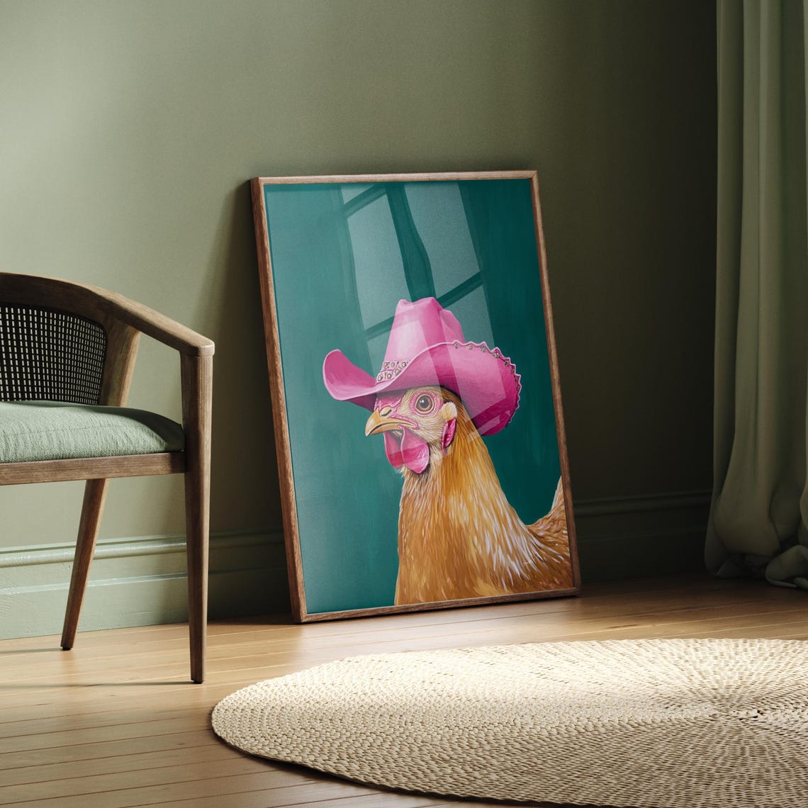 Chicken In Pink Cowboy Hat Emerald Green Maximalist Art Poster