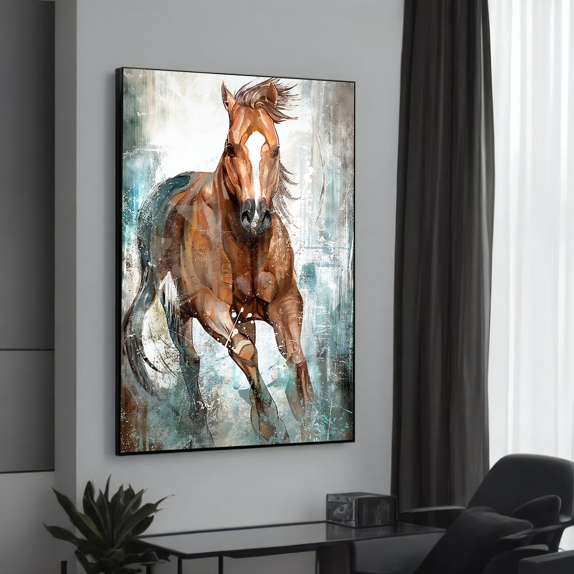 Galloping Chestnut Horse Abstract Blue Splash Wild Stallion Poster