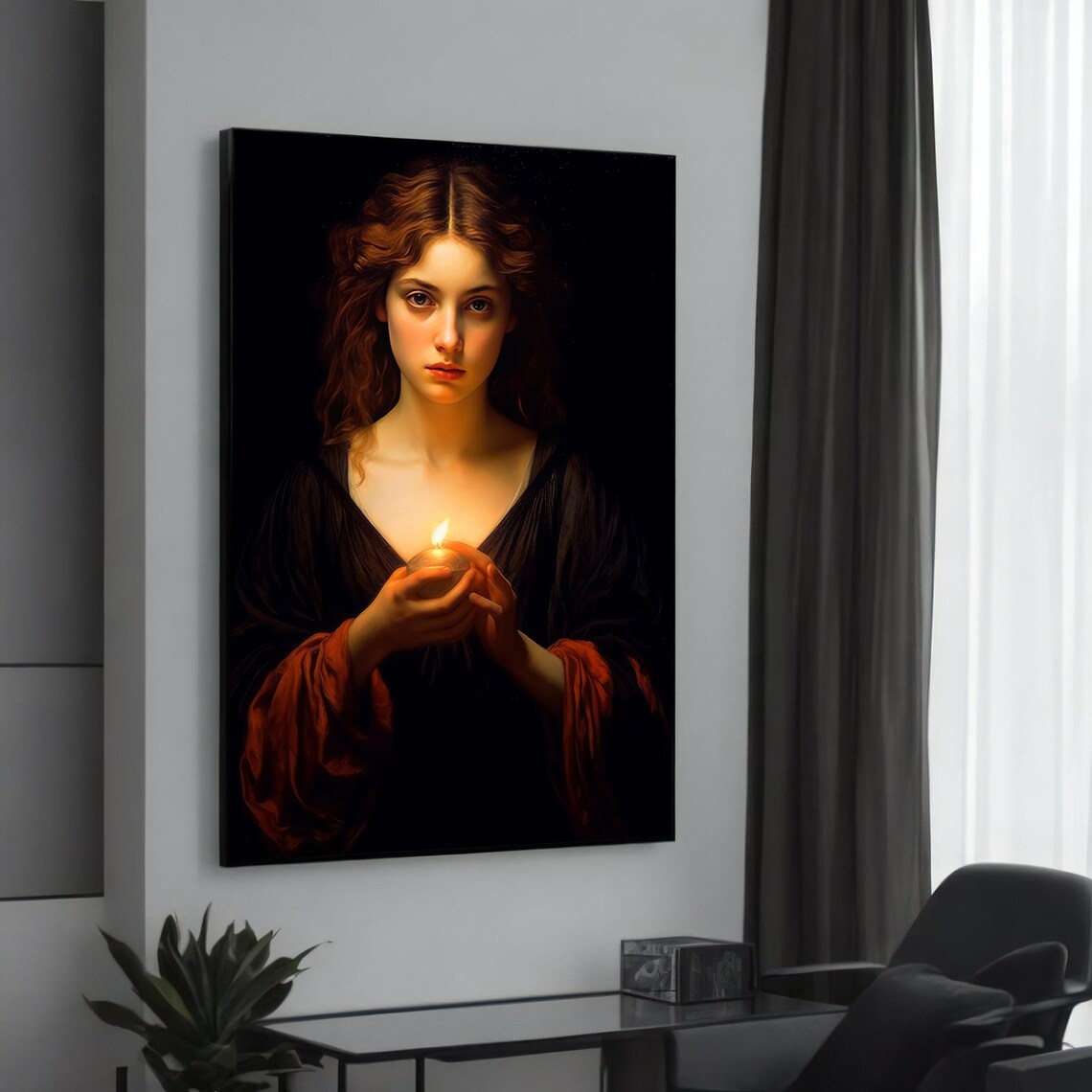 Candlelit Woman Portrait Chiaroscuro Warm Classic Style Poster