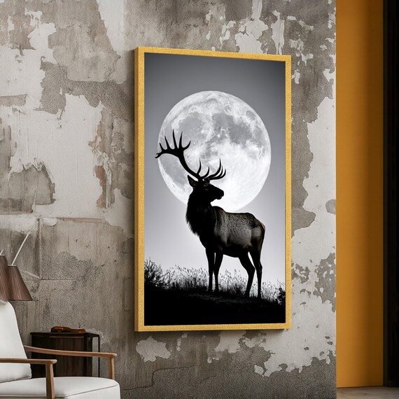 Majestic Elk Silhouette With Full Moon Canvas Wall Art Nature Wildlife Decor Black And White Animal Print Rustic Home Decoration